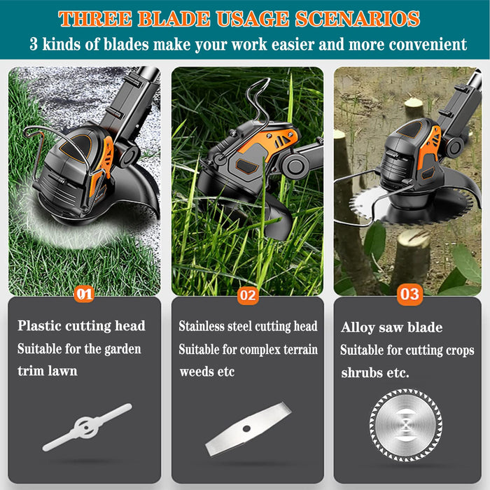 Cordless String Trimmer, Battery Powered 24V Grass Trimmer with 2 PCS 2.0Ah Batteries and 3Types Blades, for Lawn, Yard and Bush Trimming (Green)