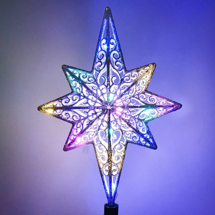 Christmas Tree Topper Star, Christmas Decorations with 3D Rainbow Lights Rotating Projector for Outdoor Indoor Party Holiday Night
