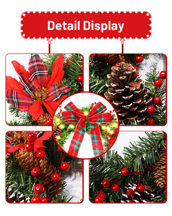 Poinsettia Christmas Wreaths for Front Door DDHS 24” Large Christmas Wreath with Lights Red Checkered Bow Christmas Flowers Pine Cones red Berries with Timer Christmas Wreath for Home Xmas Decoration