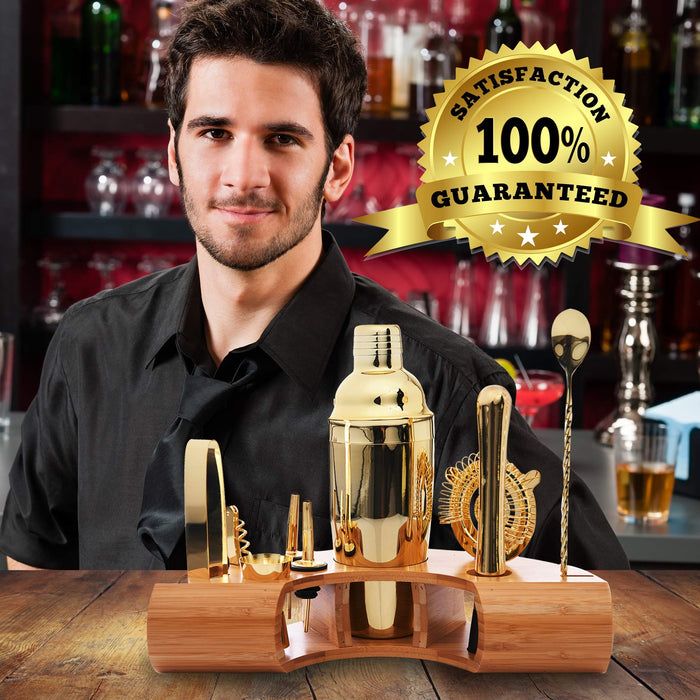 Gold Bartenders Kit Plus Receive 6 Stainless Steel Straws and Recipe Book by Omishome | Drink Shakers Cocktail Set | Cocktail Set