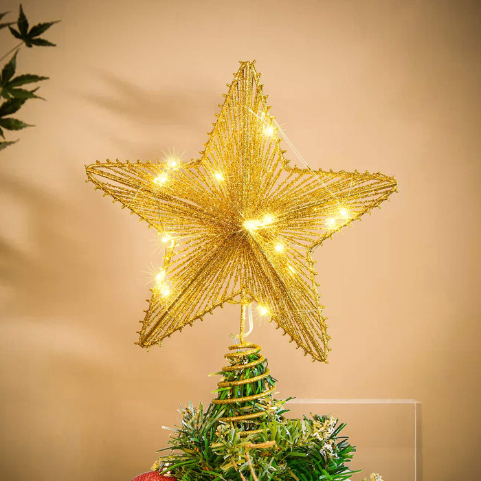 DearHouse 11.3 Inch Christmas Tree Topper with 15 LED Lights, Gold Lighted Treetop Christmas Tree Decoration Star Tree Topper Glittered Christmas Tree Decorations for Indoor Home Decor