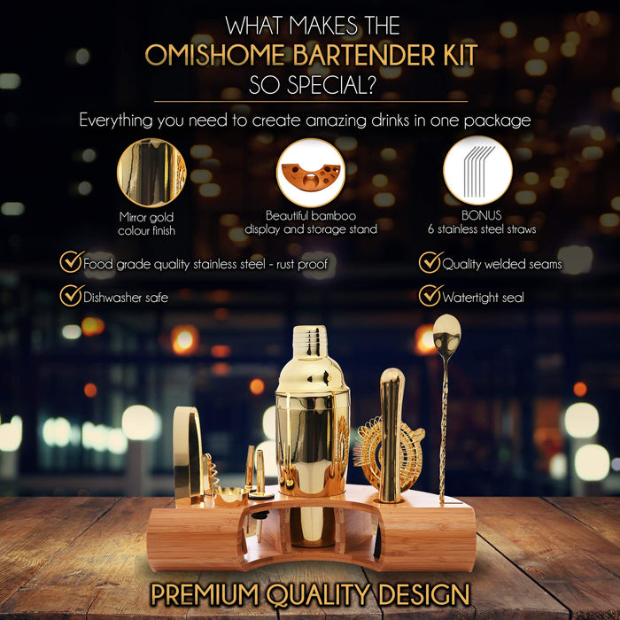 Gold Bartenders Kit Plus Receive 6 Stainless Steel Straws and Recipe Book by Omishome | Drink Shakers Cocktail Set | Cocktail Set
