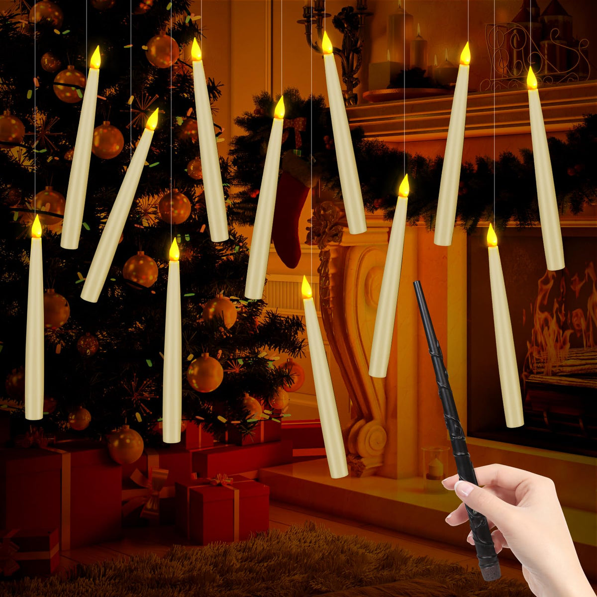 12 Harry Potter Floating Candles with Magic Wand Halloween Flameless LED  Wizard