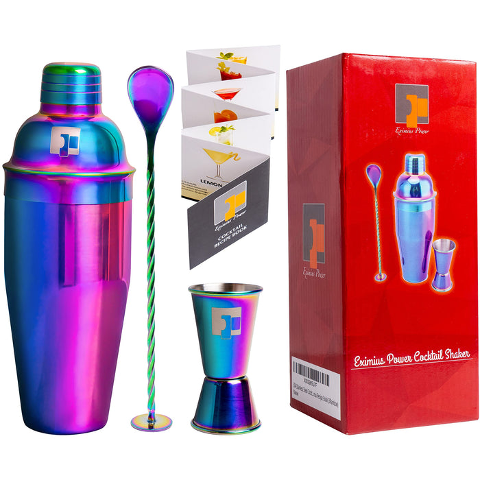 Cocktail Shaker Bar Accessories Kit Stainless Steel 18/8 Grade 3pc Rainbow Set - 25oz Shaker, Jigger, Mixing Spoon.