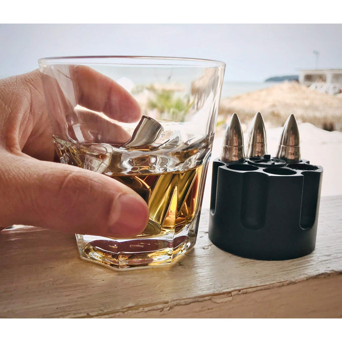 Whiskey Stones Bullets with Base - Silver XL Whiskey Ice Cubes Reusable for Men - Set of 6 Whiskey Bullets Stainless Steel in Revolver Base 