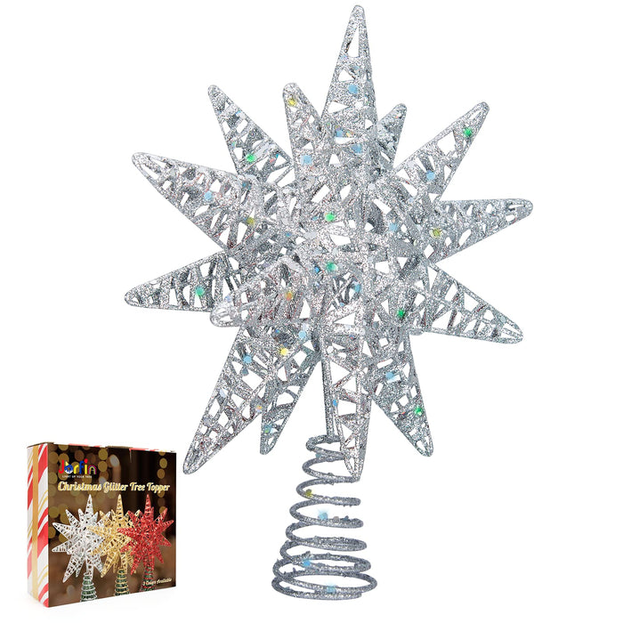 Christmas Tree Topper Star Silver Glittered Metal Christmas Treetop Decoration for Xmas Holiday Lightweight