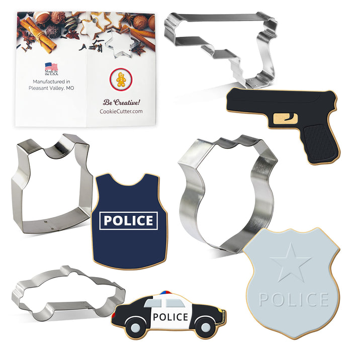 Foose Cookie Cutters Police 4 Piece Set Police Badge, Police Car, Hand Gun, Bullet Proof Vest, Hand Made in the USA