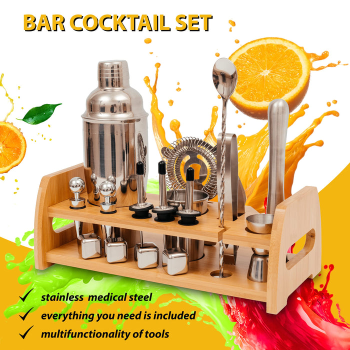 Cocktail Mixology Shaker Set, Bartenders Kit with Stylish Bamboo Stand - Bar Accessories Kit Including a Martini Shaker