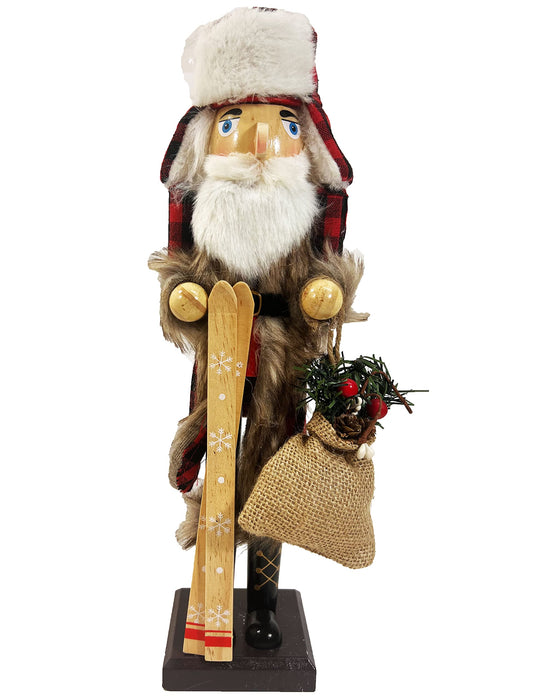 Country Plaid Santa Claus Skier Large Unique Decorative Holiday Season Wooden Christmas Nutcracker and Tree Ornament