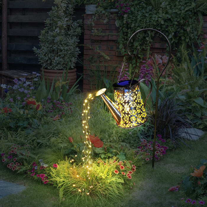 Anordsem Solar Lights Garden Decor, Solar Watering Can Lights Outdoor Yard Art, Hollowed-Out Design Shower Hanging Lanterns Lights with Bracket for Garden Pathway Table Patio Party Christmas