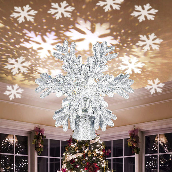 Christmas Tree Topper Lighted with Snowflake Projector, LED Magic Rotating Snowflake, 3D Glitter Lighted Sliver Snow Tree Topper for Christmas Tree Decorations