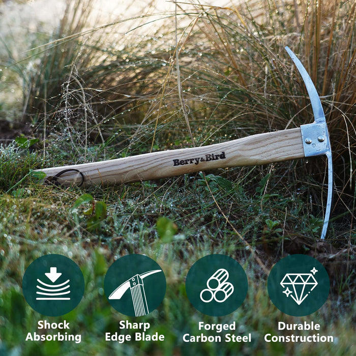Berry&Bird Garden Pick Mattock Hoe, Stainless Steel Pickaxe Hoe with Wooden Handle, Heavy Duty Pick Axe Hand Tool for Transplanting Digging Planting Loosening Soil Camping or Prospecting