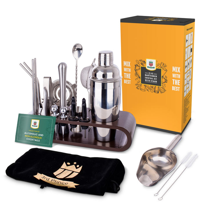 22-Piece Bartenders Kit with Bamboo Stand and Velvet Bag, Stainless Steel Cocktail Shaker, Essential Bar Tools, Recipes Booklet