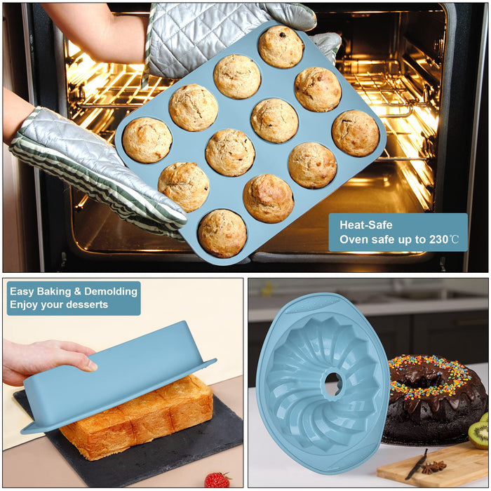 Economical 9in1 Nonstick Silicone Baking Bundt Cake Pan Cookie Sheet Molds Tray Set for Oven, BPA Free Heat Resistant Bakeware Tools Kit for Muffin Loaf Bread Pizza Cheesecake Cupcake Pie Utensil