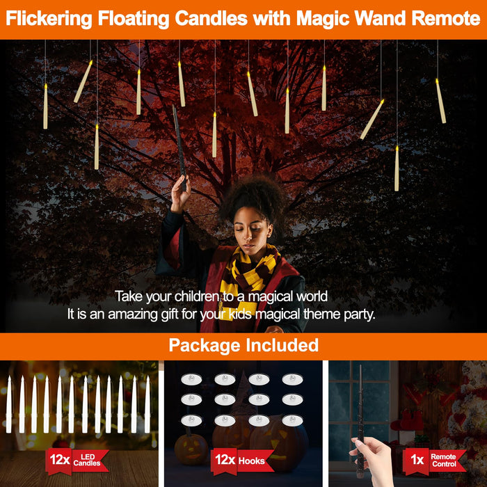Christmas Decoration Indoor & Outdoor,12Pack Floating Candles Magic Wand  Remote,Xmas Witch Decor Flameless Hanging Candles for Harry Potter  Halloween