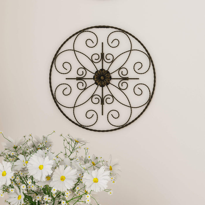 Lavish Home Medallion Metal Wall Art 14 Inch Round Metal Home Dcor, Hand Crafted with Distressed Finish Mounting Screws Included