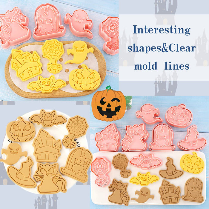 Crethinkaty Halloween Cookie Cutters-8Pieces Halloween Cookie Cutters and Stamps,Plastic Halloween Cookie Cutter