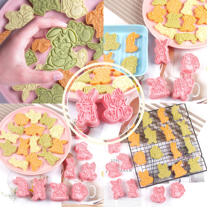 KAISHANE 8 Pcs Easter Cookie Cutters and Stamps-Plastic Easter Bunny Cookie Cutter Set,Easter Rabbit Biscuit Moulds