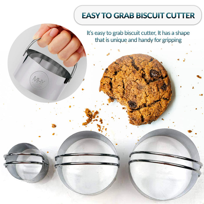 MHY KITCHEN Biscuit Cutters for Baking - Set of 3 Premium Quality Stainless Steel Circle Cookie Cutters with Double Handles