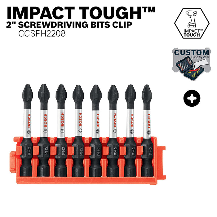 BOSCH CCSPH2208 8Piece Impact Tough Phillips P2 2 In. Power Bits with Clip for Custom Case System