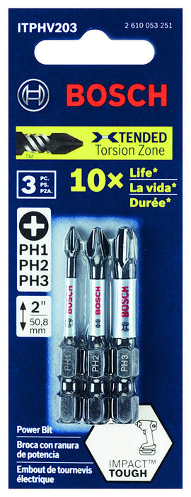 BOSCH ITPHV203 3-Piece 2 In. Phillips Impact Tough Screwdriving Power Bits Assorted Set