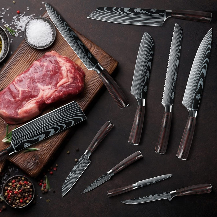 ZENG Kitchen Knife Set 10 PCS, Kitchen Knife Set without Block, Japanese Knife Set Stainless Steel, Chef knife set Professional, Pakkawood Handle, Sharp Knife Set for Vegetable Meat Fruit