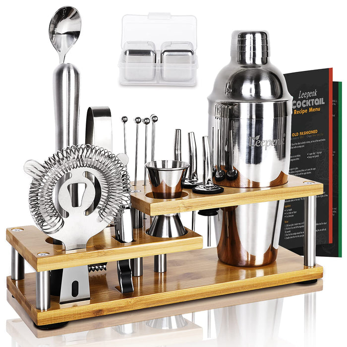 LEEPENK 20 Pieces Cocktail Shaker Set with Stand Detachable Design for Easy Storage, Stainless Steel Mixology Bartenders Kit, Bar