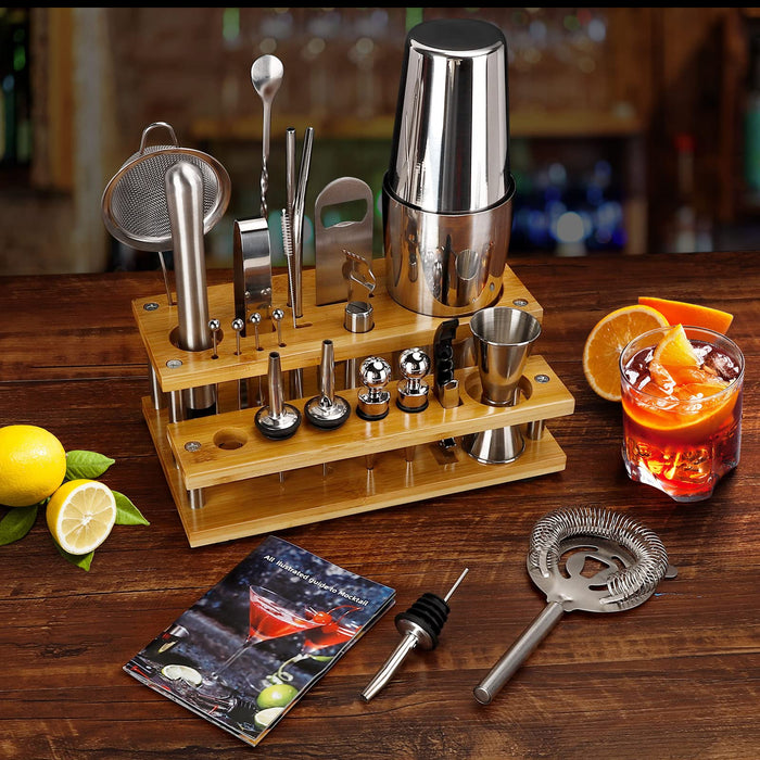 24-Piece Cocktail Shaker Bartender Kit with Stand, 24 oz Martini Shaker,  Mixing Spoon, Muddler, Measuring Jigger, Lemon Squeez, Tongs, Corkscrew