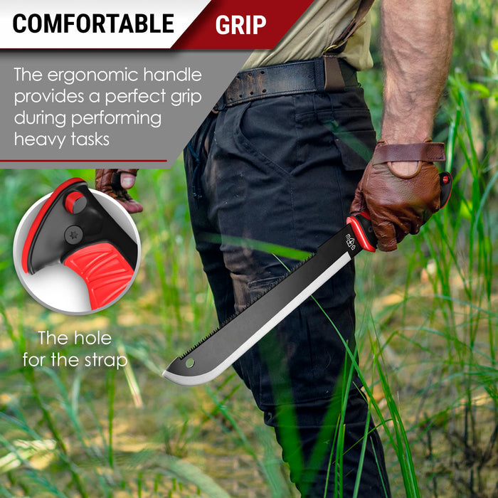 11 Inch Serrated Blade Machete with Nylon Sheath - Saw Blade Machetes with Non-Slip Rubber Handle - Best Brush Clearing Tool Grand Way 111084