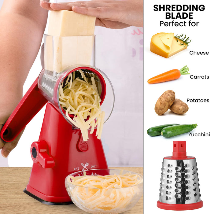 Rotary heese Grater with Upgraded Reinfored Sution Round heese Shredder Grater with 3 Replaeable Stainless Steel Drum Blades Easy