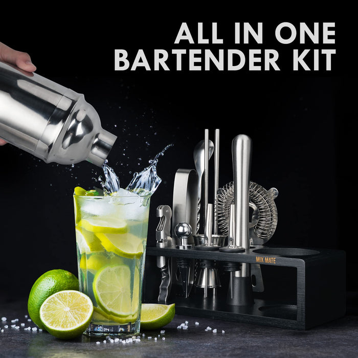 MixMate Stainless Steel Cocktail Shaker Set with Stand - 15-Piece Bartenders Kit with Drink Shaker, Bar Spoon, Jigger, Muddler