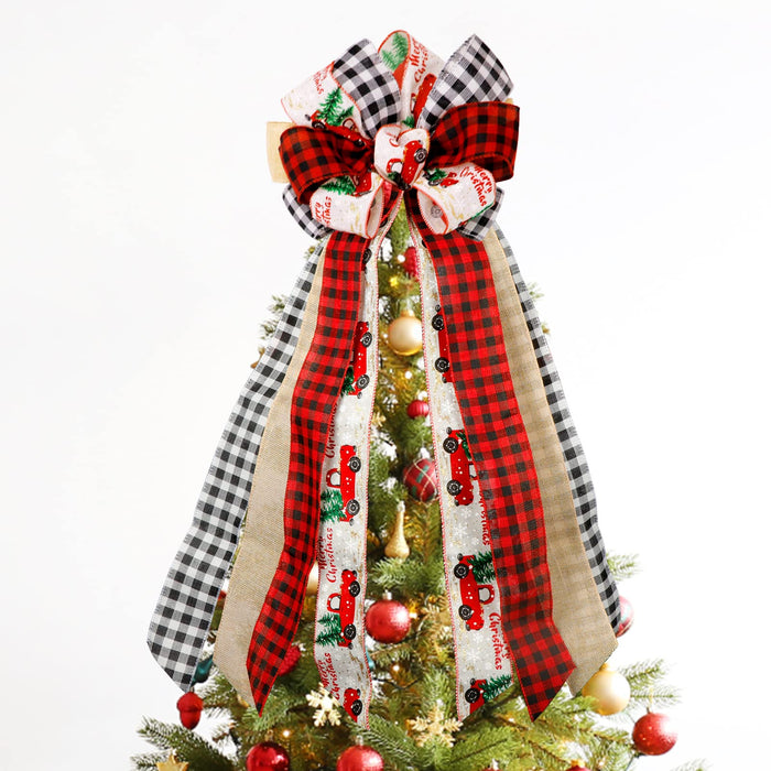 CYAOOI Christmas Tree Topper, Buffalo Plaid Tree Topper Bow with Red Truck Streamers, Handmade Rustic Farmhouse Bow Tree Topper for Xmas Tree Holiday Home Decorations