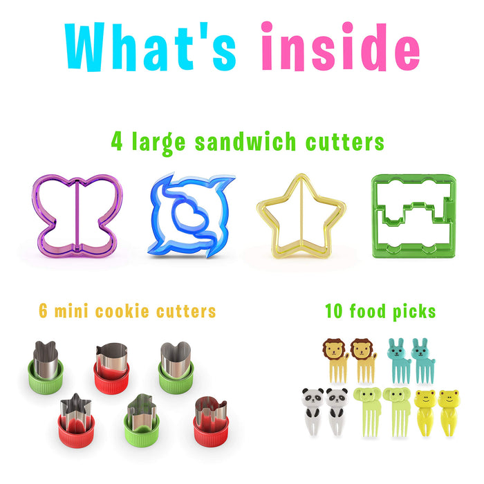 FUNUTTERS Sandwich Cutters for Kids with Cute Food Picks, 20 pc. Set, Animal Cutouts for Cookies, PBJ Sandwiches, Vegetables