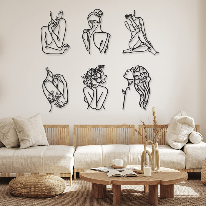 Marsui 6 Pieces Metal Minimalist Abstract Woman Wall Art Line Drawing Wall Art Decor Single Line Female Home Hanging Wall Art