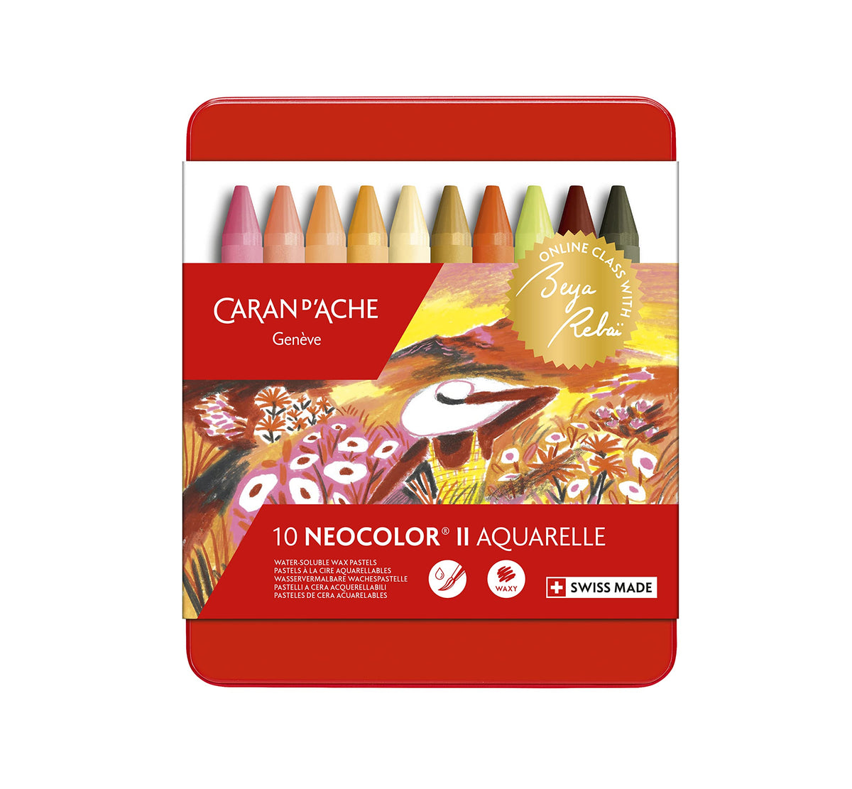 Caran D'Ache Classic Neocolor II Water-Soluble Crayons, 10 Assorted Colors