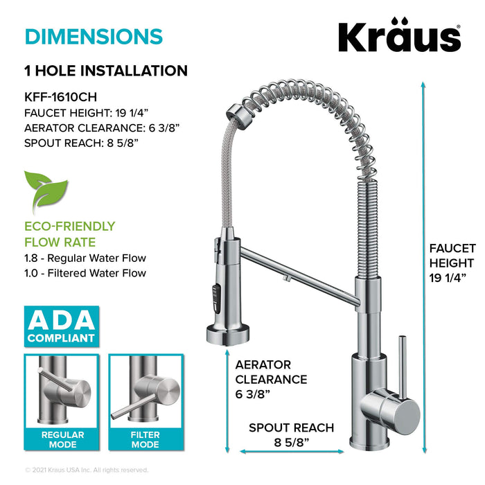Kraus KFF-1610CH Bolden 2-in-1 Commercial Style Pull-Down Single Handle Filter Kitchen Faucet for Reverse Osmosis or Water Filtration System, Chrome