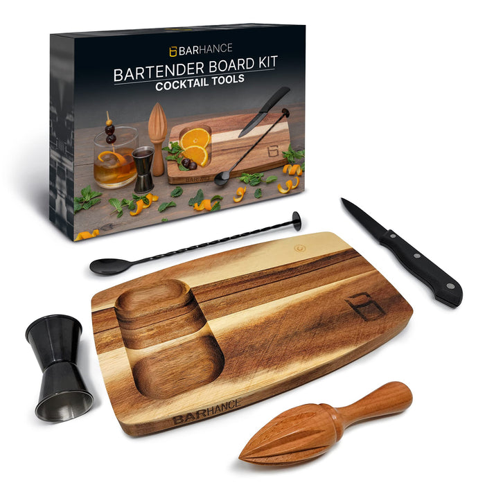 Mixing Bar Set Cocktail Kit by BARHANCE - Bar Tools Cocktail Set with Bar Jigger, Cutting Board, Citrus Reamer, Mixing Spoon