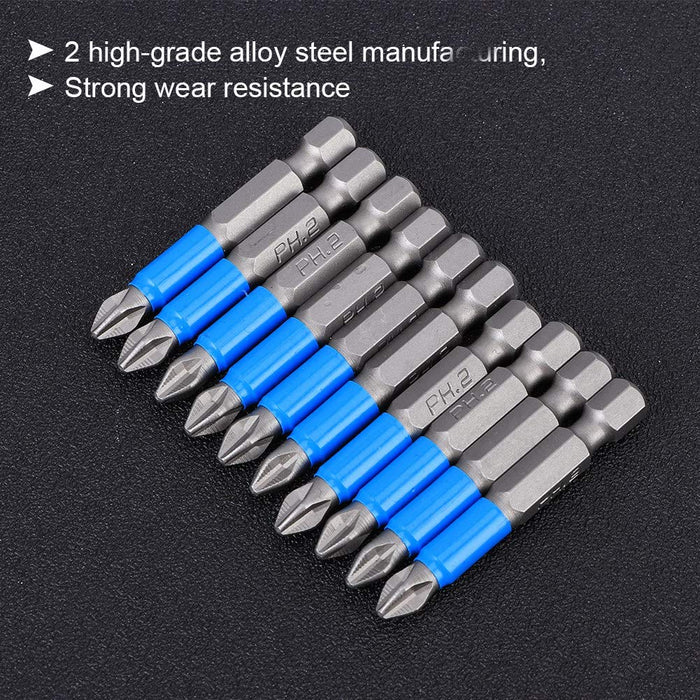 10Pcs/set Screwdriver Bits Anti Slip S2 Alloy Steel Strong Magnetic Cross Drill Bit PH2 x 50mm Hex Shank Impact Tough Screwdriving Bit