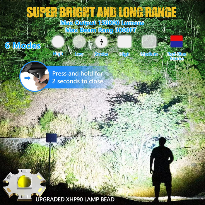 JSKNB Spotlight, 90000 Lumen Rechargeable Spotlight Flashlight with Tripod, 6 Modes IPX6 Waterproof Led Spot Lights Outdoor Handheld, Super Bright Solar Searchlight for Hunting, Marine, Camping