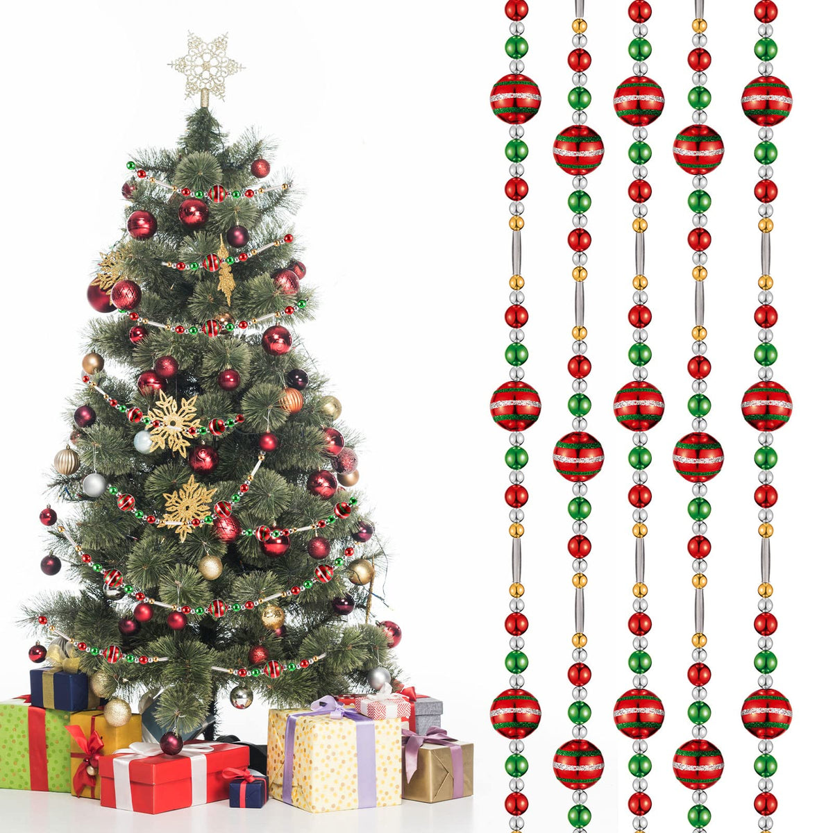 Hicarer 15 Feet Christmas Multi-Color Beaded Garland Christmas Tree Garland  Plastic Beads Pearl Bead Garland Red Green Gold Glitter Beaded Garland for  Christmas Tree Ornament (Classic Colors,1 Piece)
