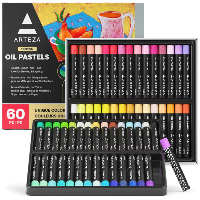 ARTEZA Oil Pastels for Artists, 60 Soft Oil Pastels in Assorted