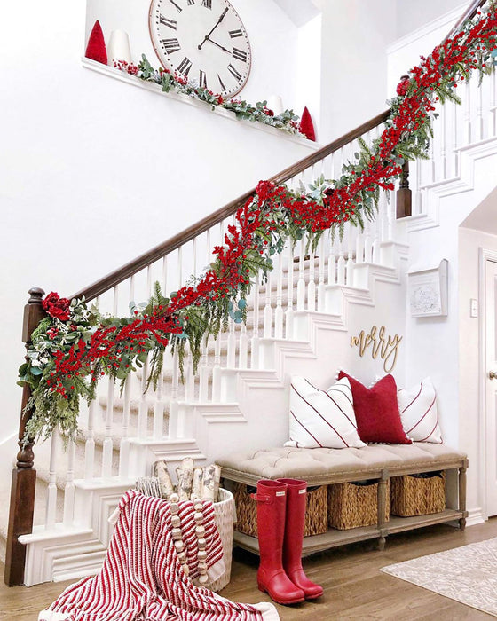 DearHouse 6FT Red Berry Christmas Garland with Spruce Branches Berry Garland, Winter Greenery Garland for Holiday Mantel Fireplace Table Runner Centerpiece Year Decoration
