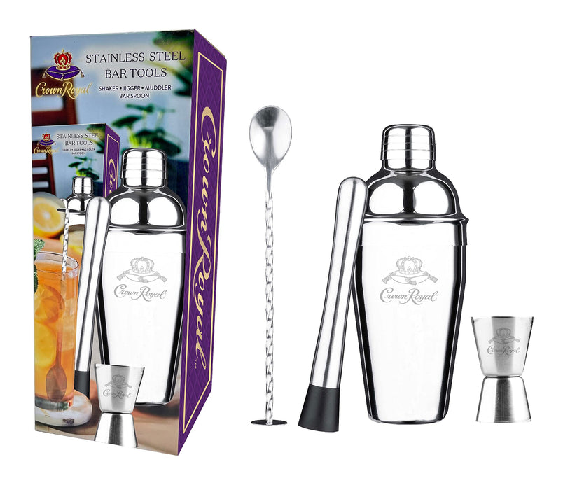 Crown Royal 4 Piece Stainless Steel Bar Tools Compatible | Perfect Home Bartenders Kit and Cocktail Shaker Set for an Awesome