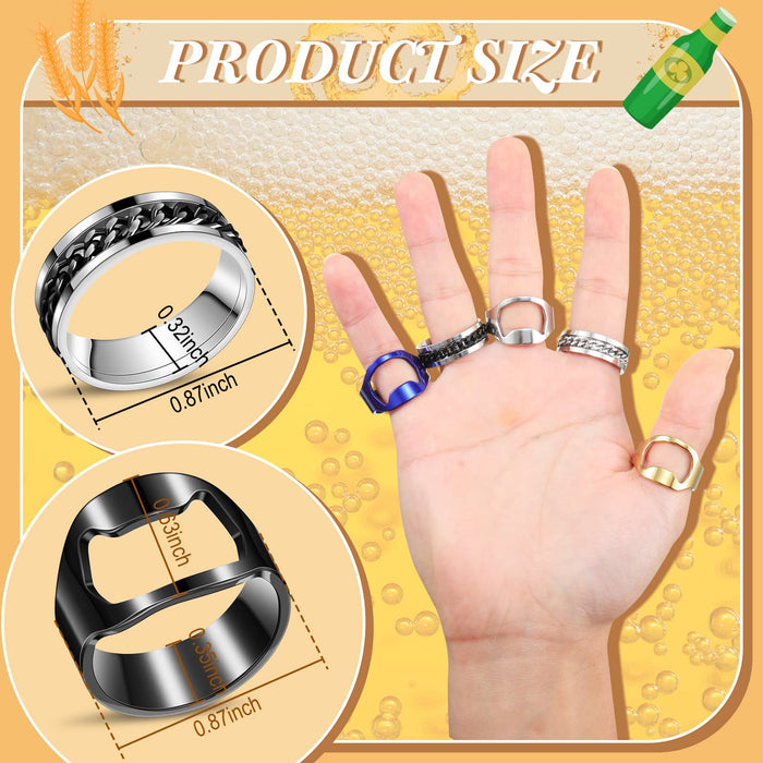 16 Pieces Bottle Opener Ring for Men Women Spinner Rings Stainless Steel Chain Inlay Rotating Ring Beer Bottle Opener Rings Set
