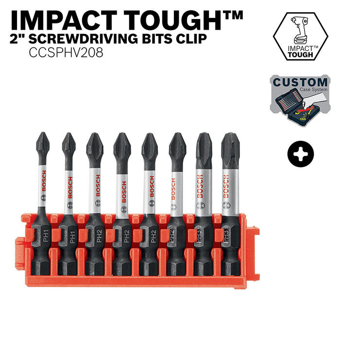 BOSCH CCSPHV208 8Piece Impact Tough Phillips 2 In. Power Bits with Clip for Custom Case System
