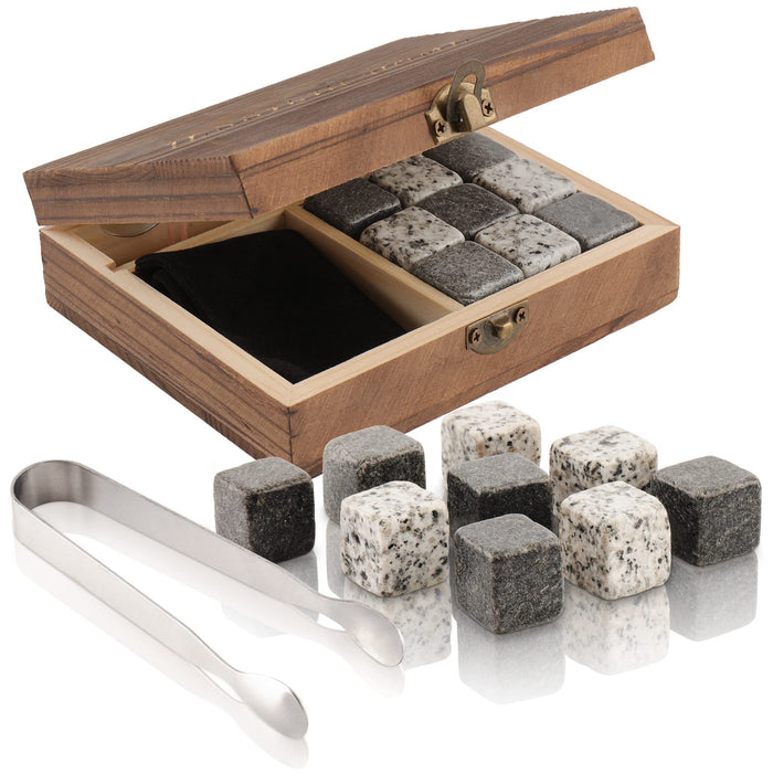 JESSILIN HOME Whiskey Stones Set for Men, 9 Granite Whisky Rocks with Handmade Wooden Box,Forceps and Velvet Carrying Pouch