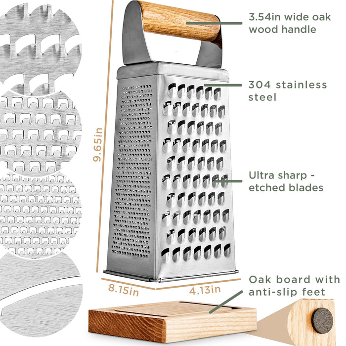 WALDWERK Premium Grater with Etched Stainless Steel Blades - Grater for Kitchen with Oak Wood Base - Box Grater with 4 Sides