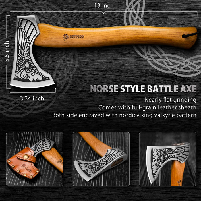 NedFoss 13" Viking Axe with Valkyrie Pattern, Bearded Axe High Carbon 1055 Steel and Leather Sheath, Beech Wood Handle for Soldier Warrior, Viking Hatchet ,Wall Hanging Axe, Viking Axe s for Women