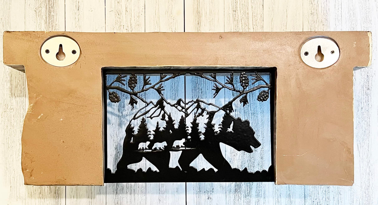 Top Brass Rustic Wooden Sawn Log Look Wall Shelf with Metal Bear Wilderness Art Scene Unique Design Cabin, Lodge Decor