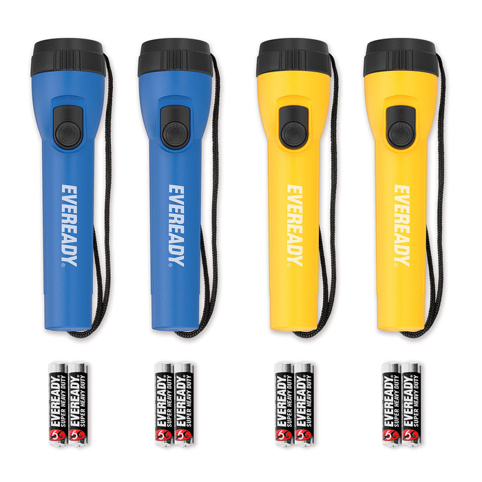 LED Flashlight by Eveready, Bright Flashlights for Emergencies and Camping  Gear, Flash Light with AA Batteries Included, Blue/Yellow (4-Pack)